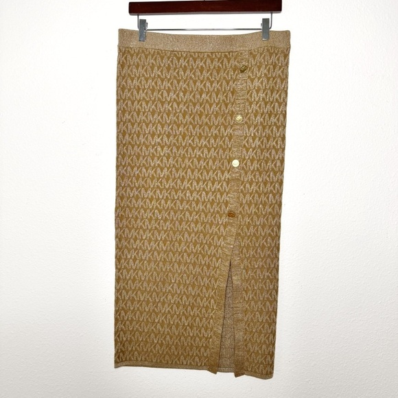 MICHAEL KORS Women Logo knit long Skirt Metallic Husk Slit NWT Size L $110 - Picture 2 of 10